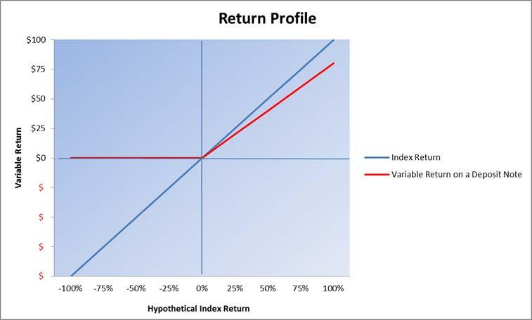 Return Profile The blue line represents the range of possible Index Returns on the Final Valuation Date. The red line represents the range of potential Variable Return amounts for one Deposit Note.