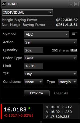 Single Trade Ticket Dynamic for quick order entry This compact trading ticket offers: Buying power balances at a glance Streaming quote data to help