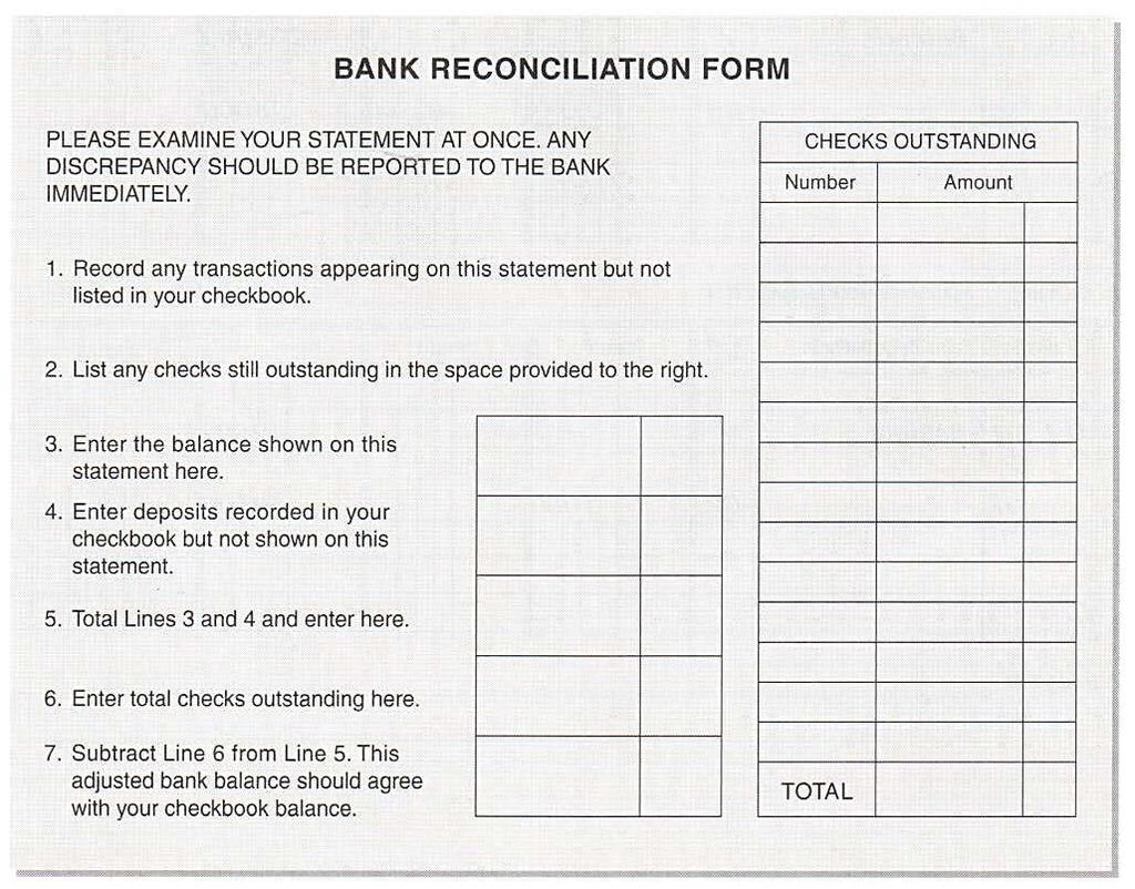 Once you have received your bank statement, you should reconcile it with your records to be sure that you and the bank agree with how much money you have. Follow these steps: 1.