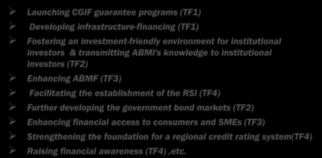 institutional investors (TF2) Enhancing ABMF (TF3) Facilitating the establishment of the RSI (TF4) Further developing the government bond markets (TF2)