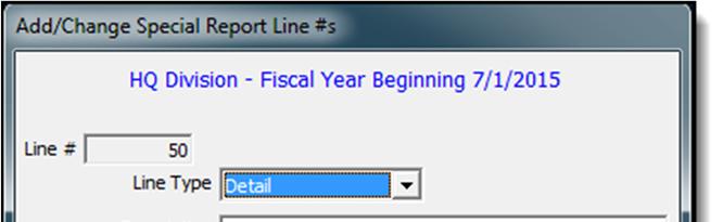 Track Asset, Liability, and Capital Activity. 1. Enter 50 in the Line # field. 2. Choose Detail using the drop down list on the Line Type field. 3. Enter a description for this activity.