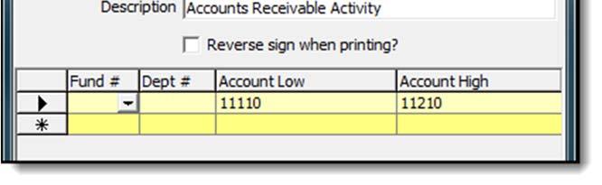 (Note: Leave this field blank if you wish to include all funds for the account number range on this row.) 6. Enter a value for Dept # if you use departments.