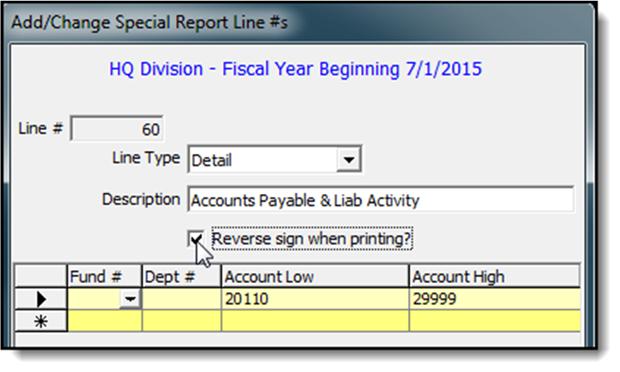 15. Enter the account number for the Accounts Payable and other liability accounts to be included on this report line. We are including all Liability accounts, 20110 through 29999. 16.