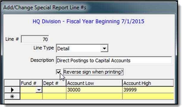 You use Direct Postings to Capital Accounts. (Note: Any journal entries that post directly to a capital account are included by using this line.) 20. Select the Reverse sign when printing checkbox.