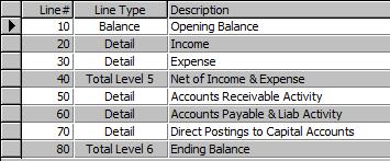 Line Type and Description work exactly as they do for a chart of accounts. Reverse sign when printing allows you to show credits as a positive value for reporting purposes.