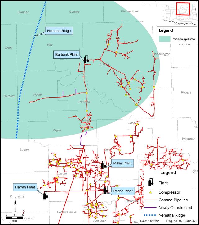 Mississippi Lime Play Roughly 140,000 acres in dedications from multiple producers extending into three counties Construction of pipeline connecting Copano s Osage and Stroud