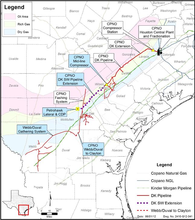 DK Pipeline Southwest Extension Further extend Copano s whollyowned DK pipeline by adding approximately 65 miles of 24 pipeline southwest into McMullen County Provides access to significant new Eagle