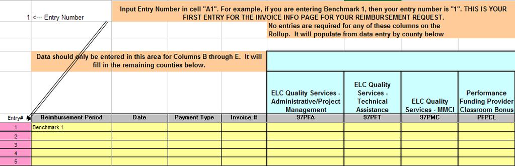 InvoiceInfo Worksheet 1. Use the InvoiceInfo worksheet to enter program expenditures by OCA. 2. First, select the entry number for the reimbursement period. Enter this number in cell A1.