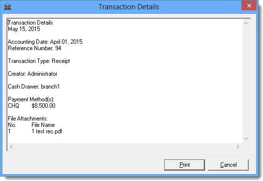 After you have clicked the About button, the Transaction Details box will open, displaying the applicable Accounting Date, Creator, File Attachments, and other frequently needed transaction details