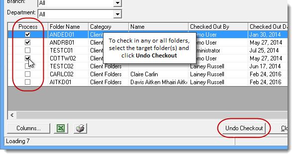 If you need to check in any or all of the folders listed in the report, select the applicable folder(s) in the Process column, and click the Undo Checkout button (see Figure 10.). (Figure 10.