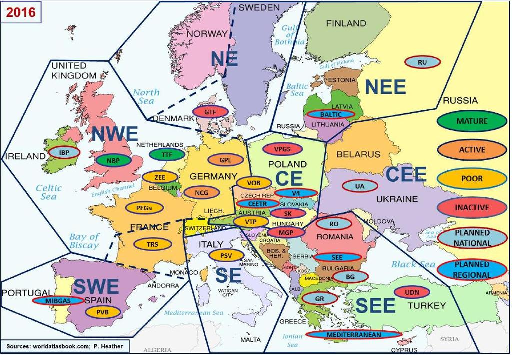 Gas Hubs in Europe Source: OIES, European trade gas hubs, May 2017