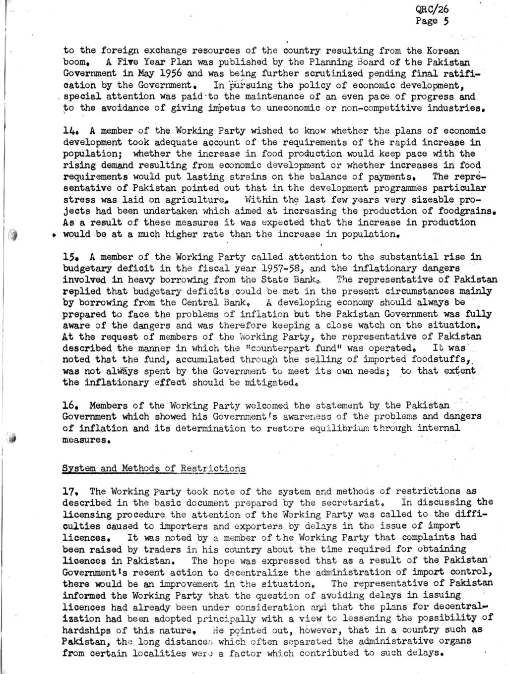 Page 5 to the foreign exchange resources of the country resulting from the Korean boom, A Five Year Plan was published by the Planning Board of the Pakistan Government in May 1956 and was being
