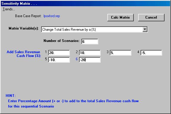 Sensitivity Matrix form as it might appear just prior to clicking Calc Matrix : Once you have provided the desired scenario specifications, you simply click the Calc Matrix button and, in a matter of