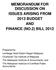 MEMORANDUM FOR DISCUSSION ON ISSUES ARISING FROM 2013 BUDGET AND FINANCE (NO.2) BILL 2012